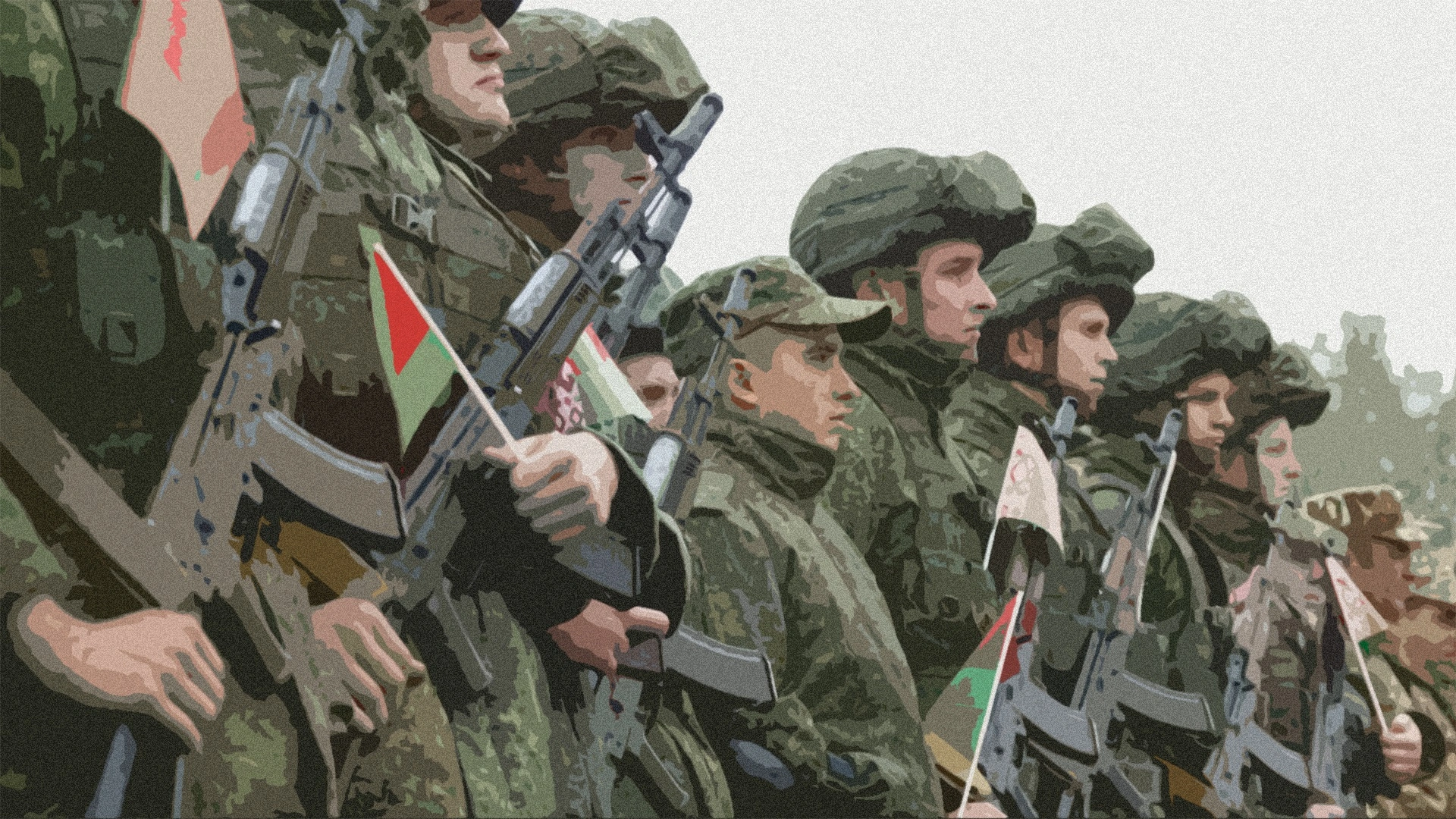 Військові з прапорцями Білорусі на шикуванні, стилізоване зображення